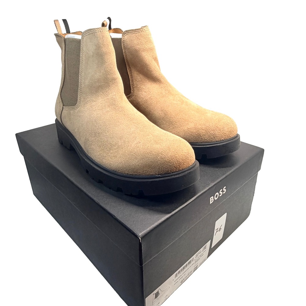 BOSS Chelsea Boots Mens 13 Tan Suede Lug Sole Pull On Ankle Boots Luxury Style